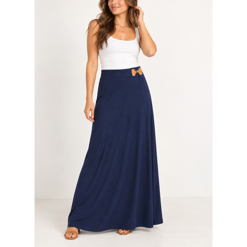 Lauren Ralph Lauren Skirt Womens XL Blue Solid Jersey Maxi Stretch Buckle Waist